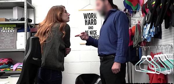  Teen redhead thief Aria Carson busted stealing by a nasty mall cop